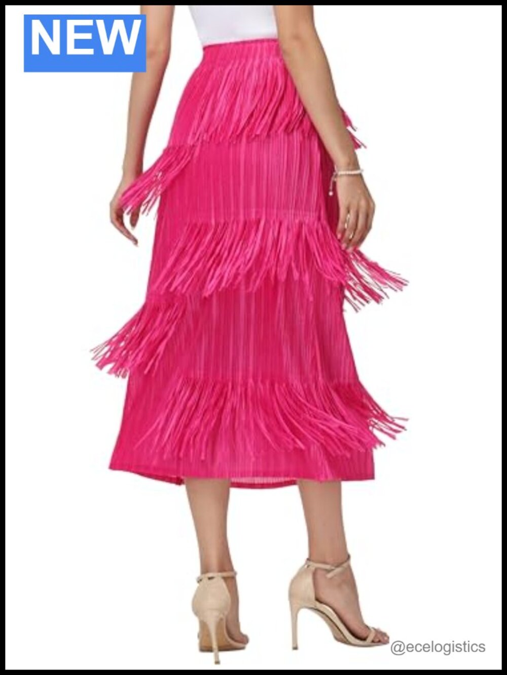 5-Tier Asymmetrical Fringe Maxi Skirt High Waist Flowy Midi